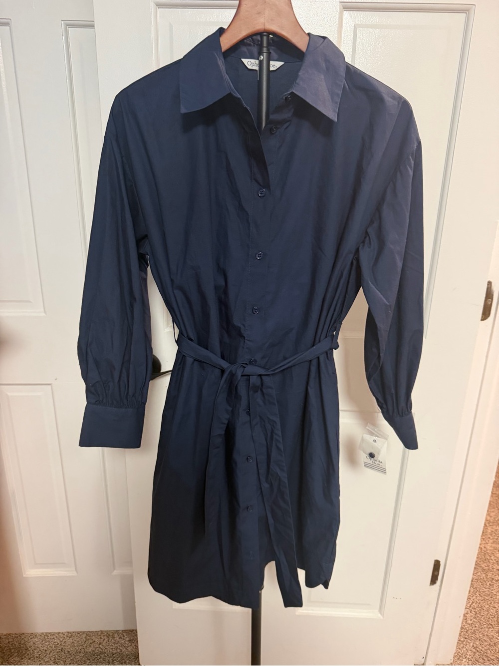 Ophelia Roe NWT Long Sleeve Navy Shirt Dress with Waist Tie Small